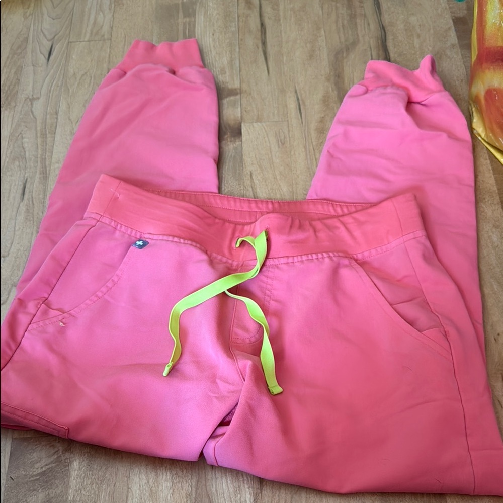 Figs Women's Jogger Pants in Bright Pink with Neon Yellow Drawstring